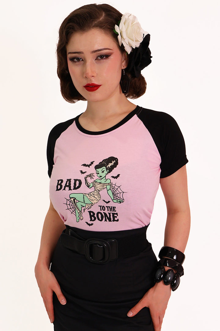 Bad to the Bone Raglan Crop Black & Pink Tee Shirt