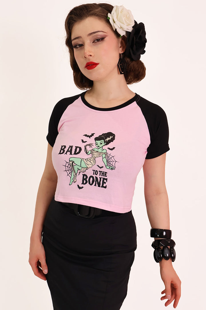 Bad to the Bone Raglan Crop Black & Pink Tee Shirt
