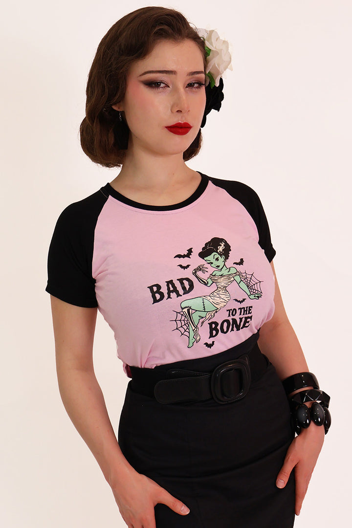Bad to the Bone Raglan Crop Black & Pink Tee Shirt