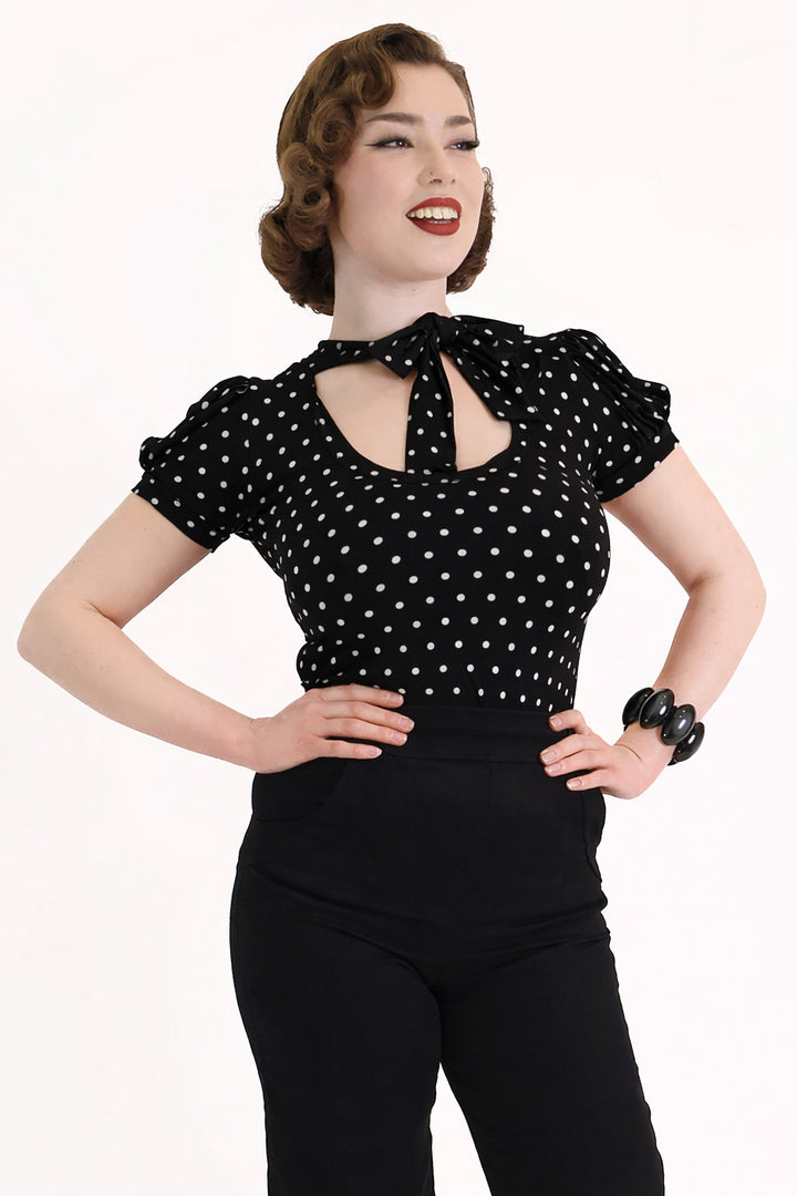 Black & White Polkadot Short Sleeve Pussybow Top
