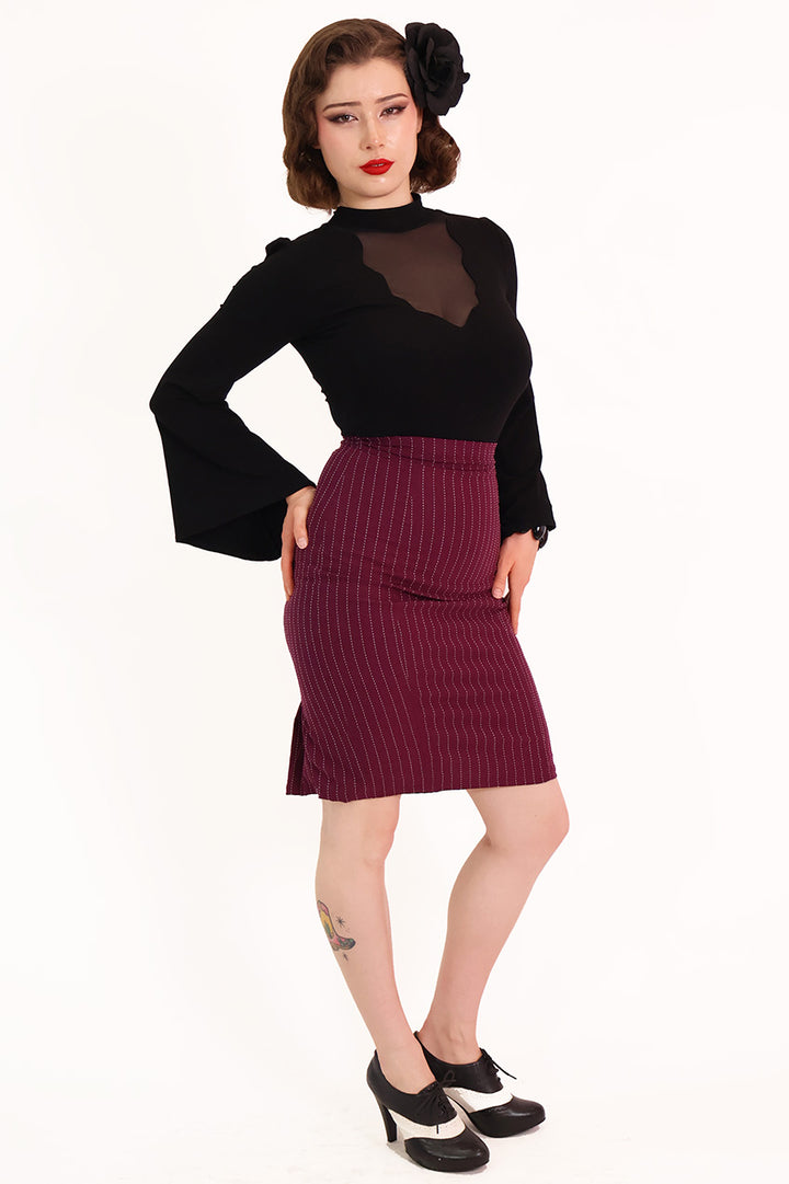 Burgundy Pleat Pencil Skirt