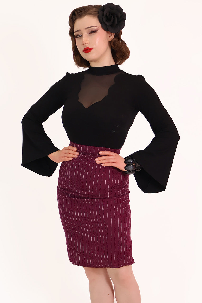 Burgundy Pleat Pencil Skirt