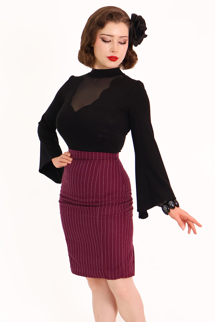 Burgundy Pleat Pencil Skirt