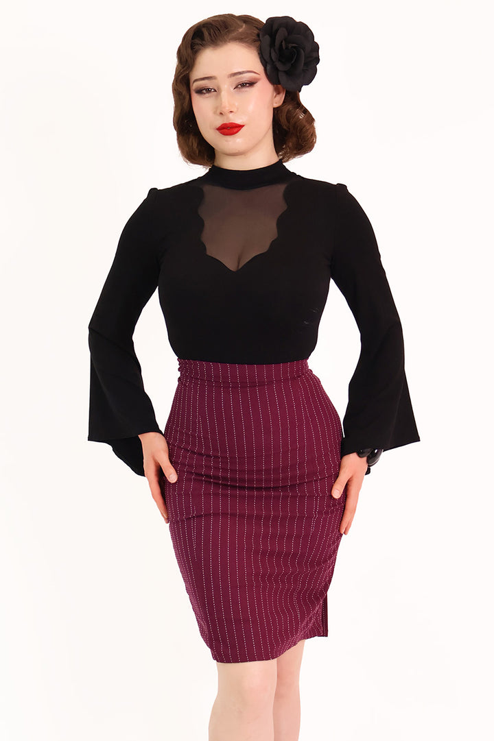 Burgundy Pleat Pencil Skirt