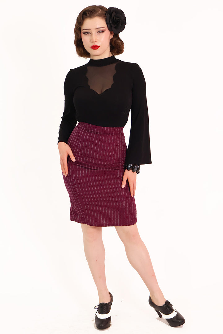 Burgundy Pleat Pencil Skirt