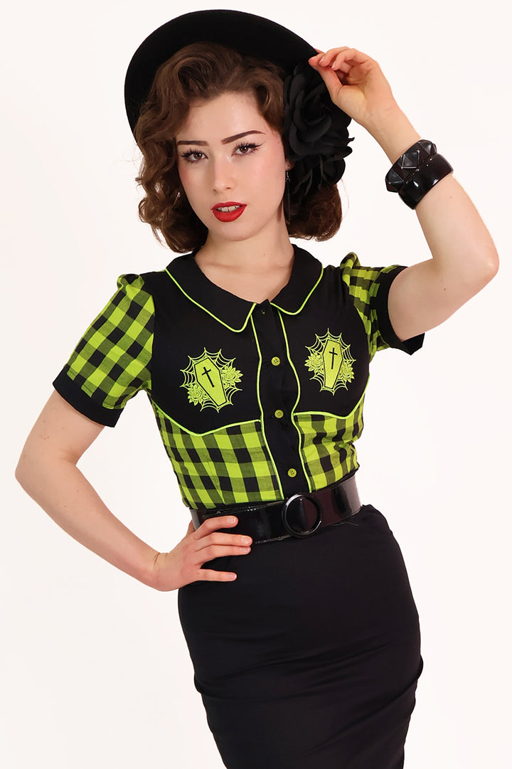 Gothic Western Shirt Black & Chartreuse Plaid