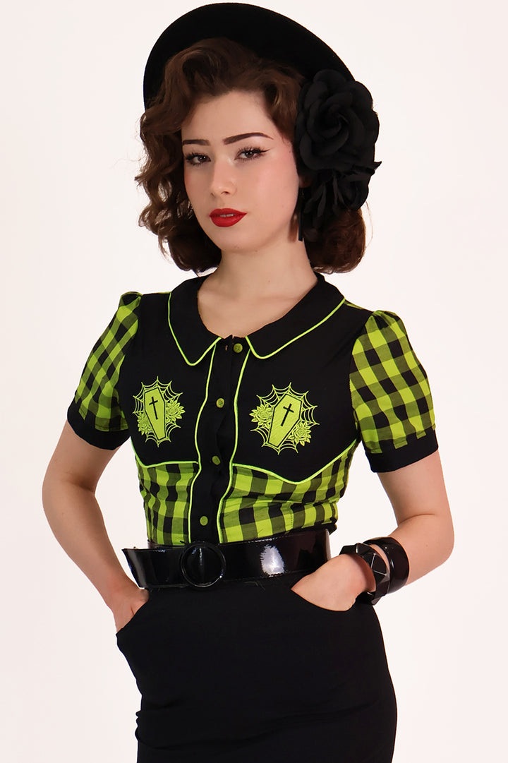 Gothic Western Shirt Black & Chartreuse Plaid