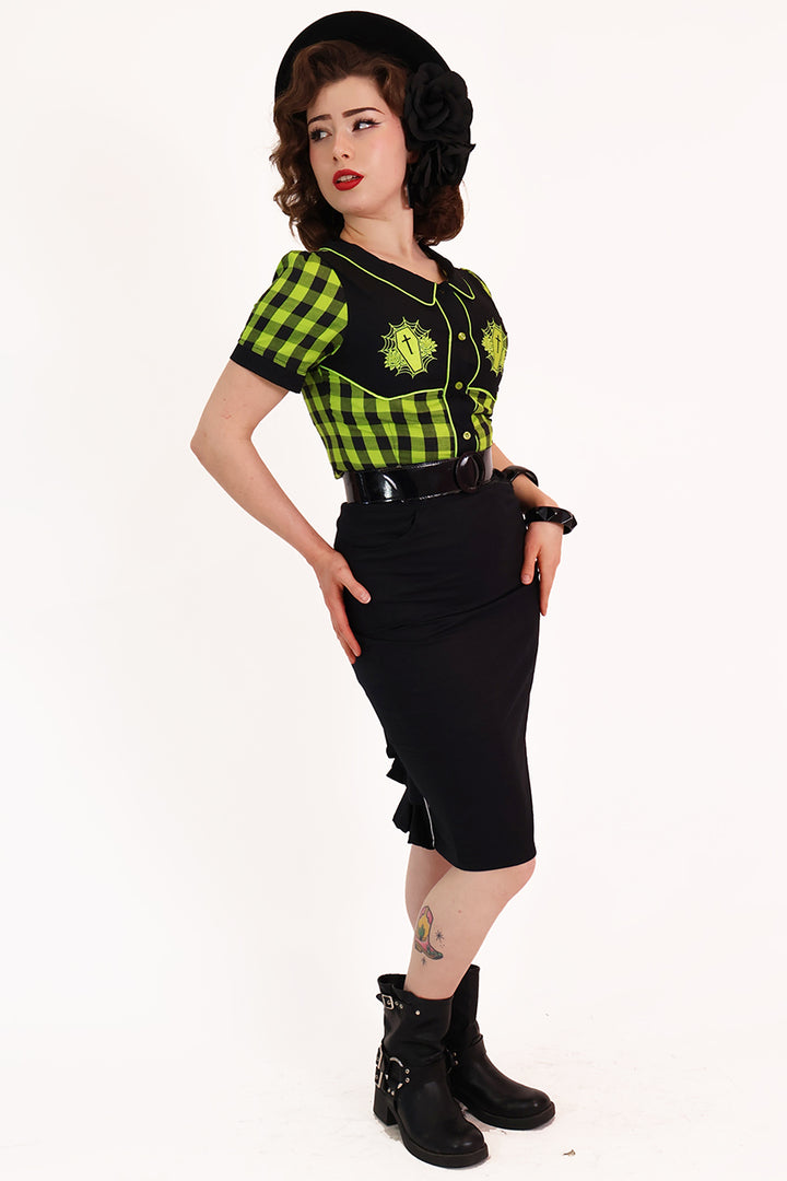Gothic Western Shirt Black & Chartreuse Plaid