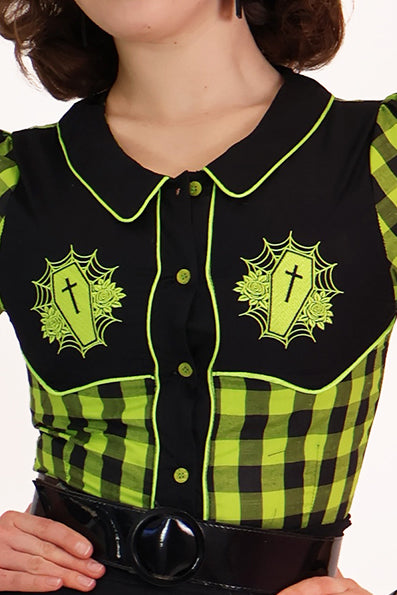 Gothic Western Shirt Black & Chartreuse Plaid
