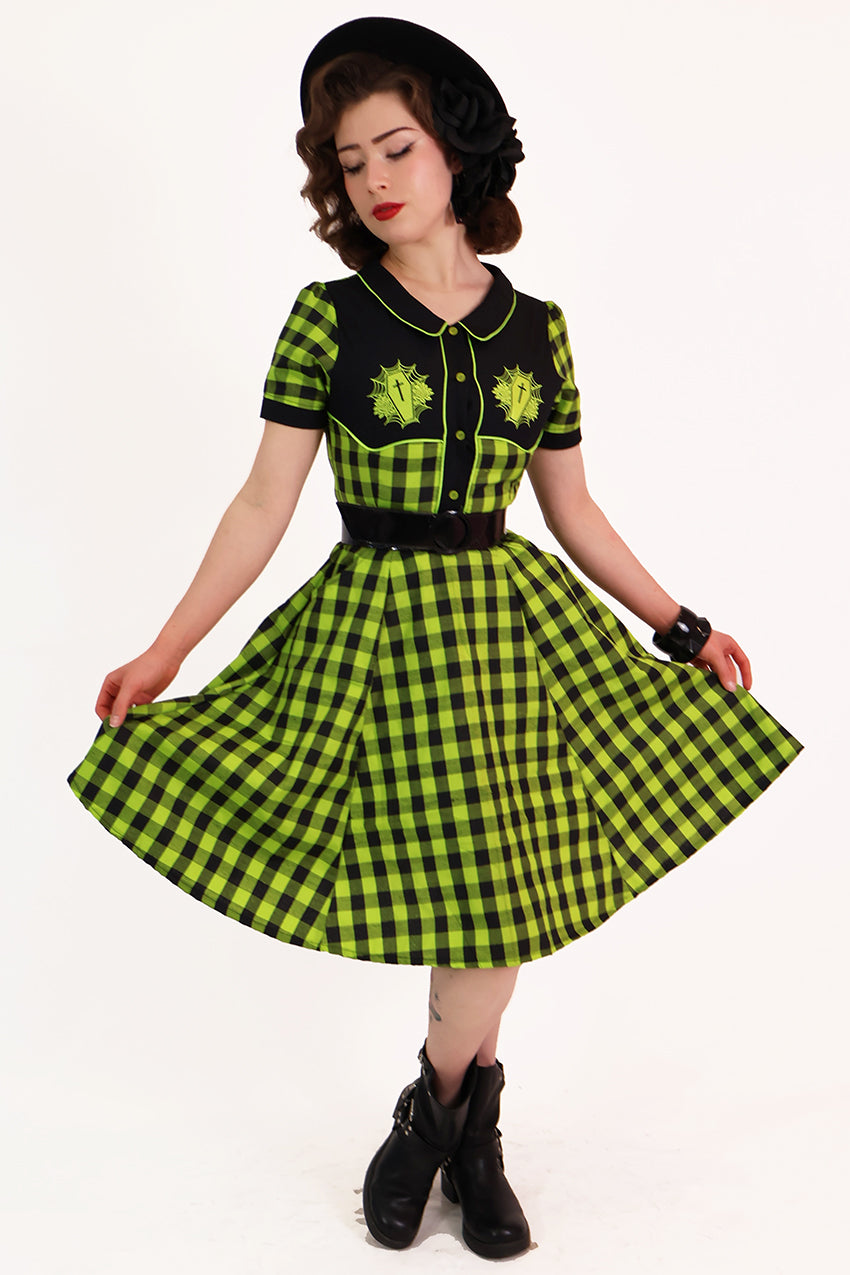 Chartreuse Plaid Gothic Western Swing Dress