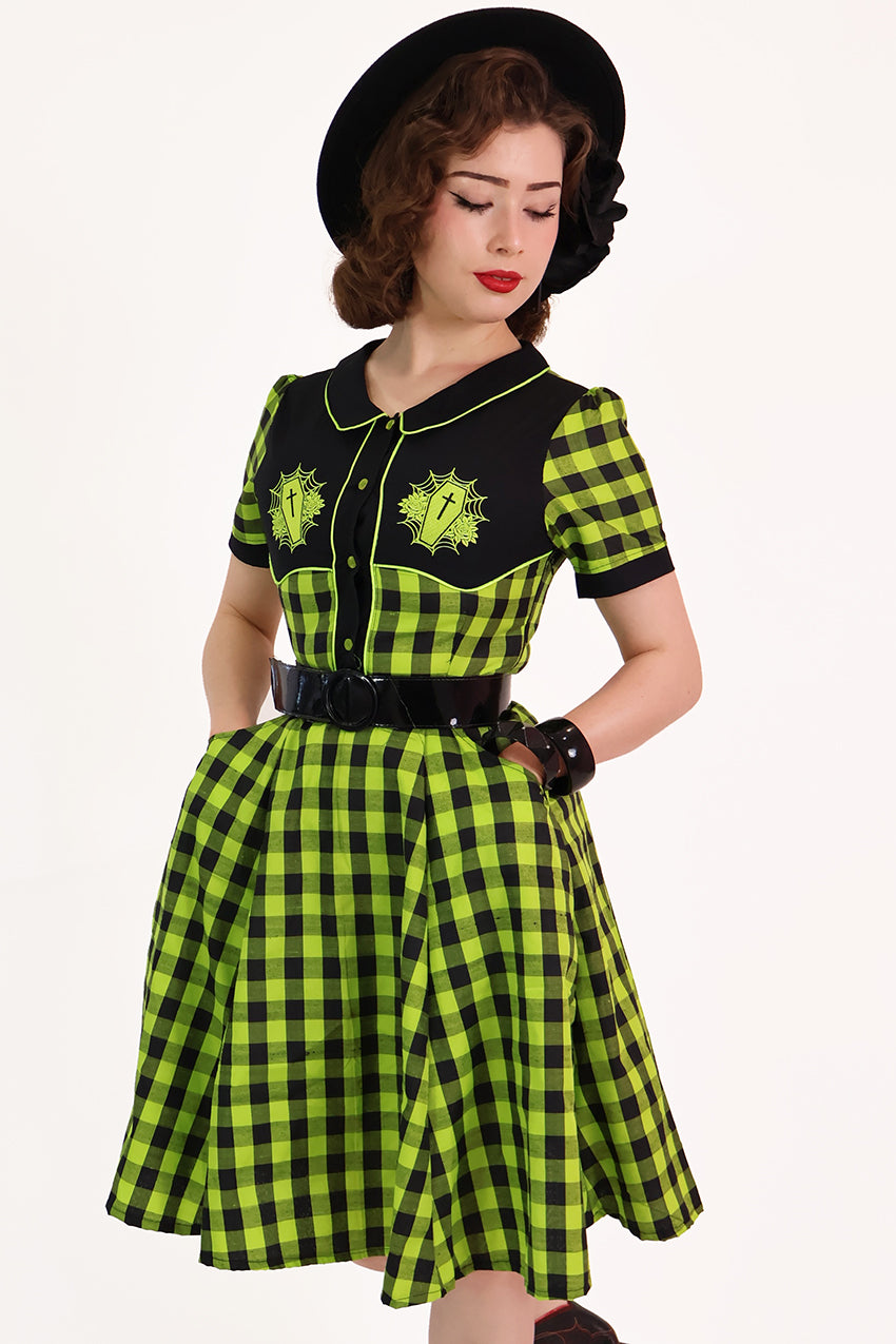 Chartreuse Plaid Gothic Western Swing Dress