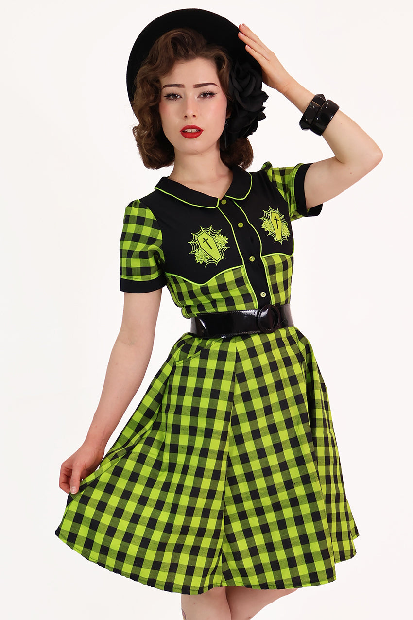 Chartreuse Plaid Gothic Western Swing Dress