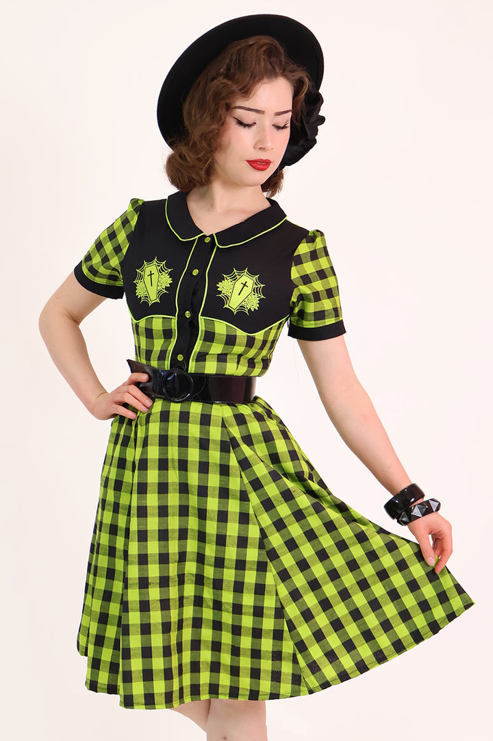 Chartreuse Plaid Gothic Western Swing Dress