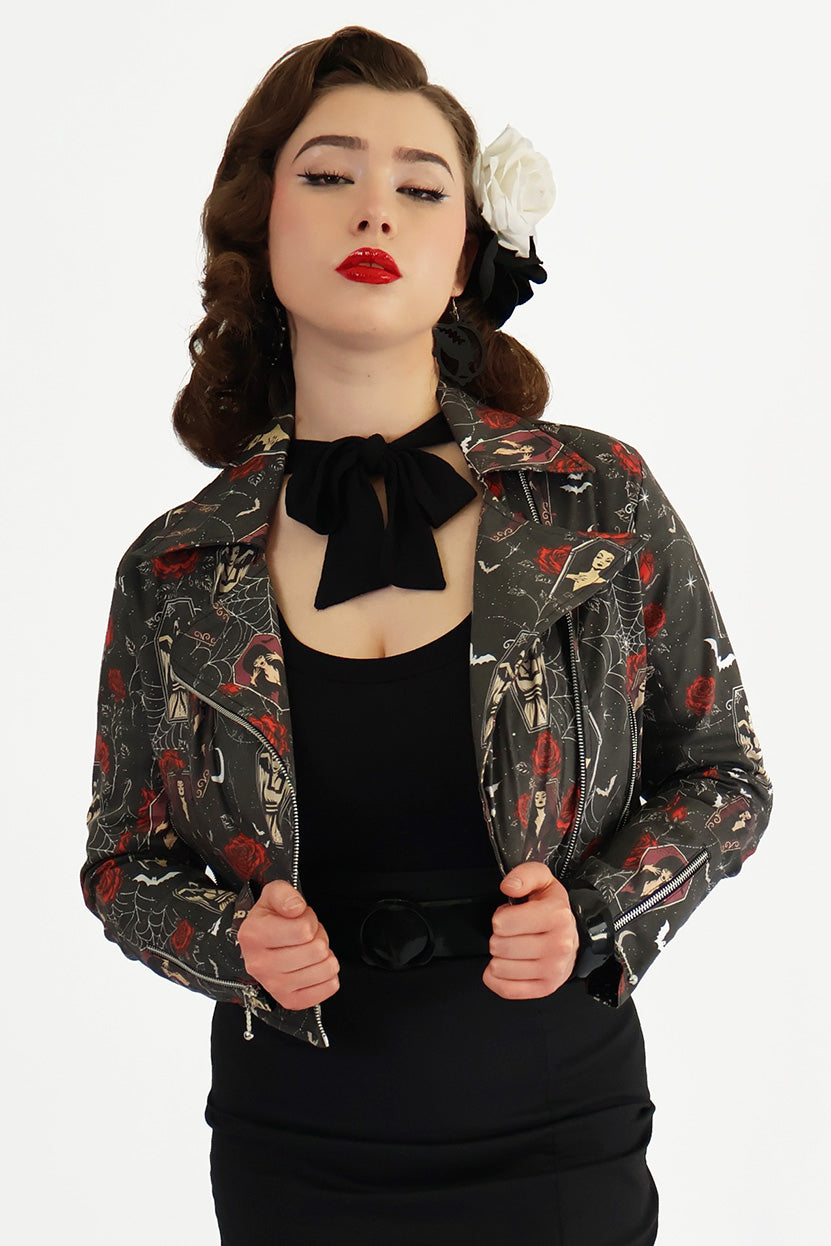Coffin Club Horror Printed Biker Jacket
