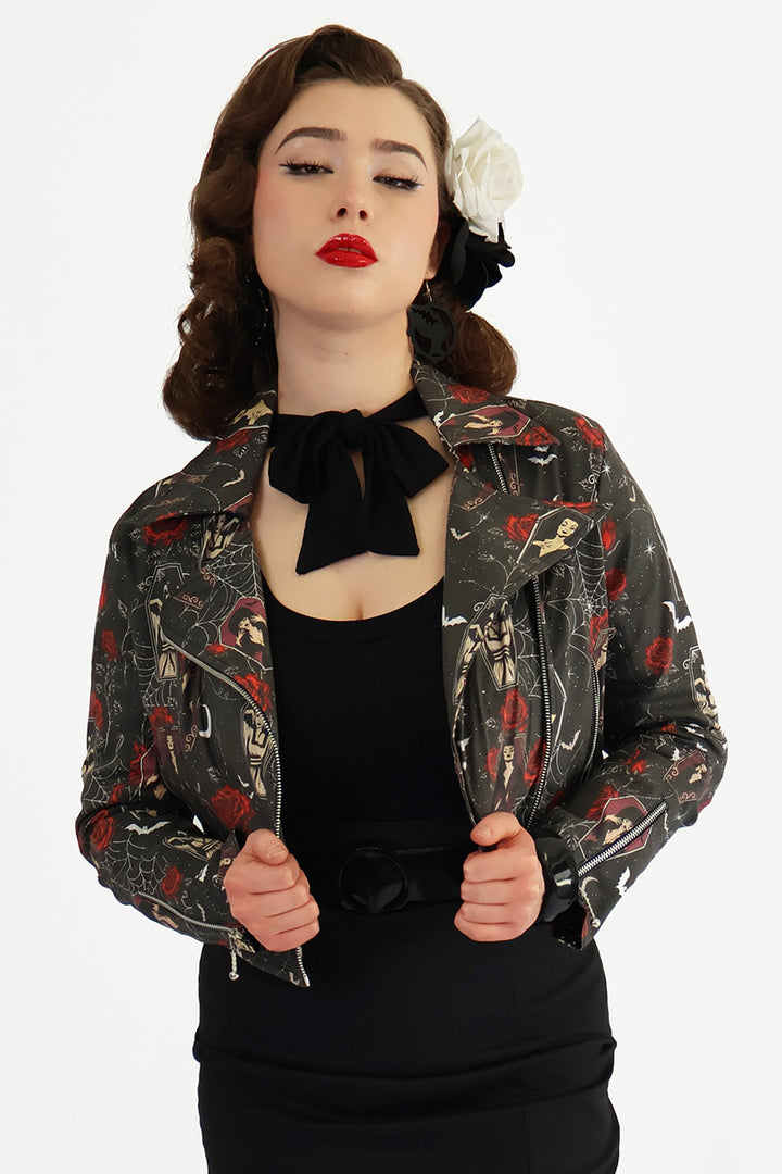 Coffin Club Horror Printed Biker Jacket