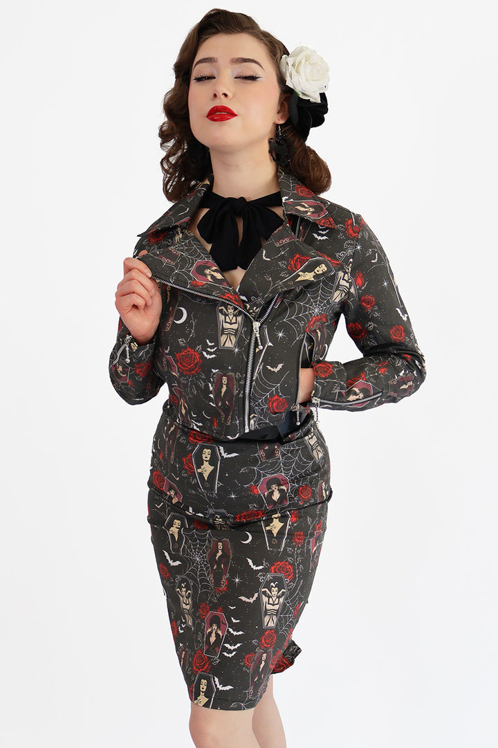 Coffin Club Horror Printed Biker Jacket