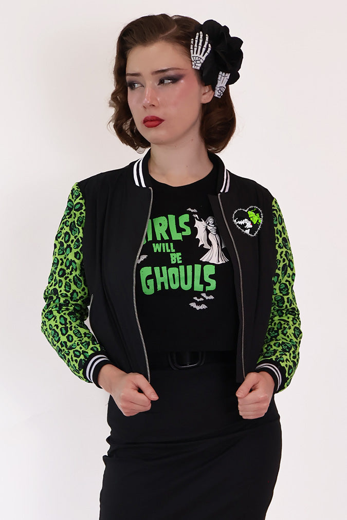 Franken-Leopard Black and Green Bomber Jacket