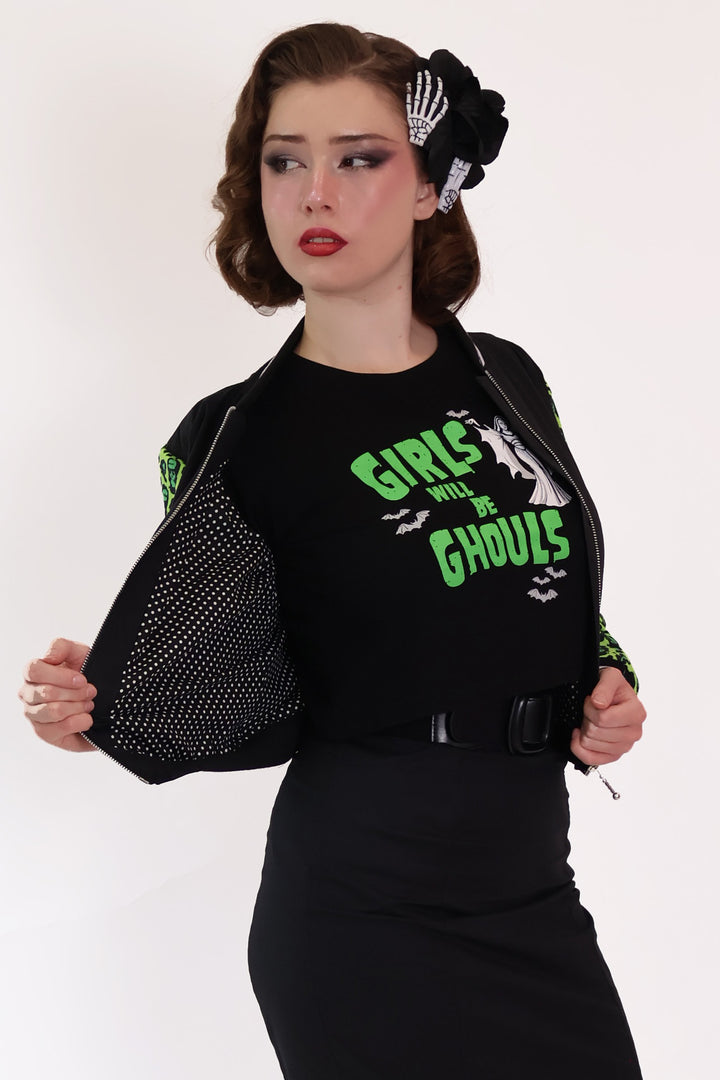 Franken-Leopard Black and Green Bomber Jacket