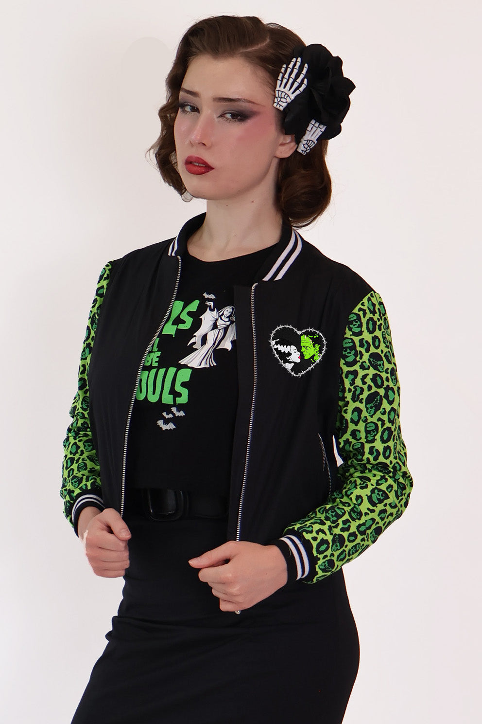 Franken-Leopard Black and Green Bomber Jacket