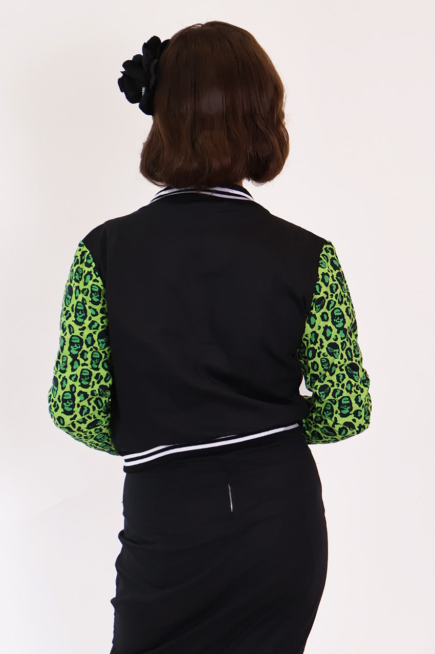 Franken-Leopard Black and Green Bomber Jacket