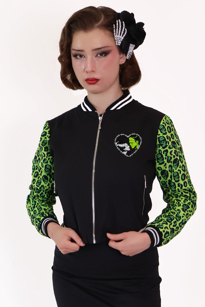 Franken-Leopard Black and Green Bomber Jacket