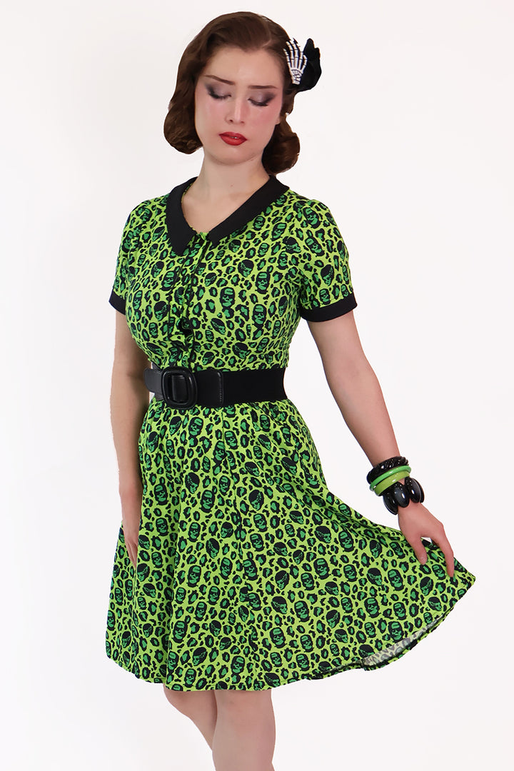 Franken-Leopard Black and Green Shirt Dress