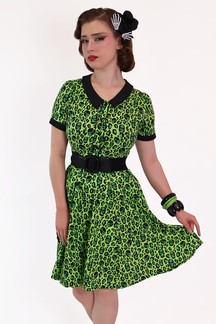 Franken-Leopard Black and Green Shirt Dress