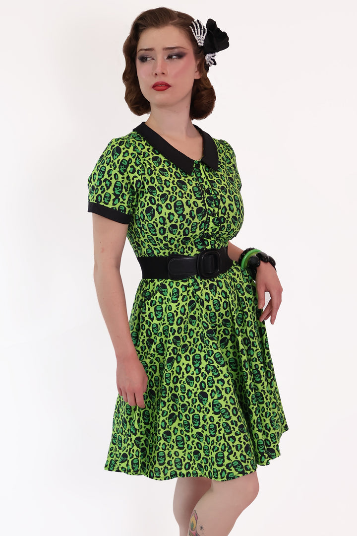 Franken-Leopard Black and Green Shirt Dress