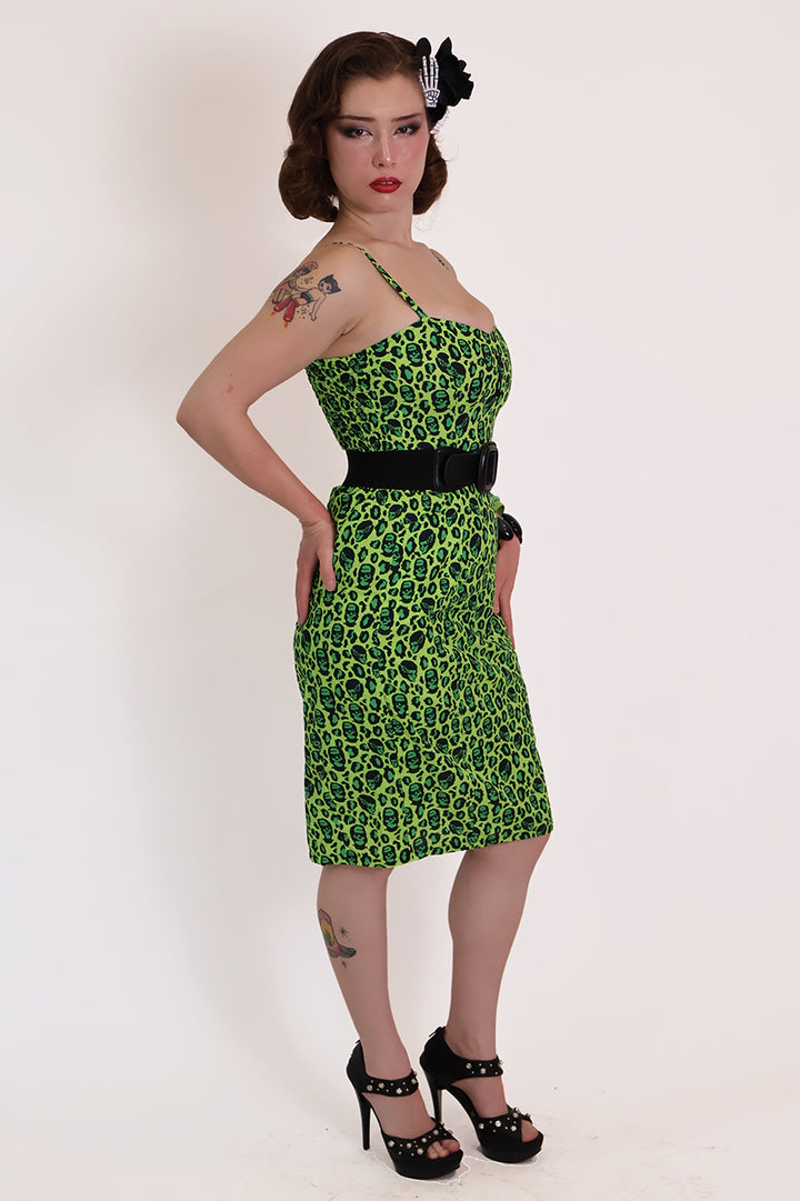 Franken-Leopard Black and Green Leopard Pencil Dress