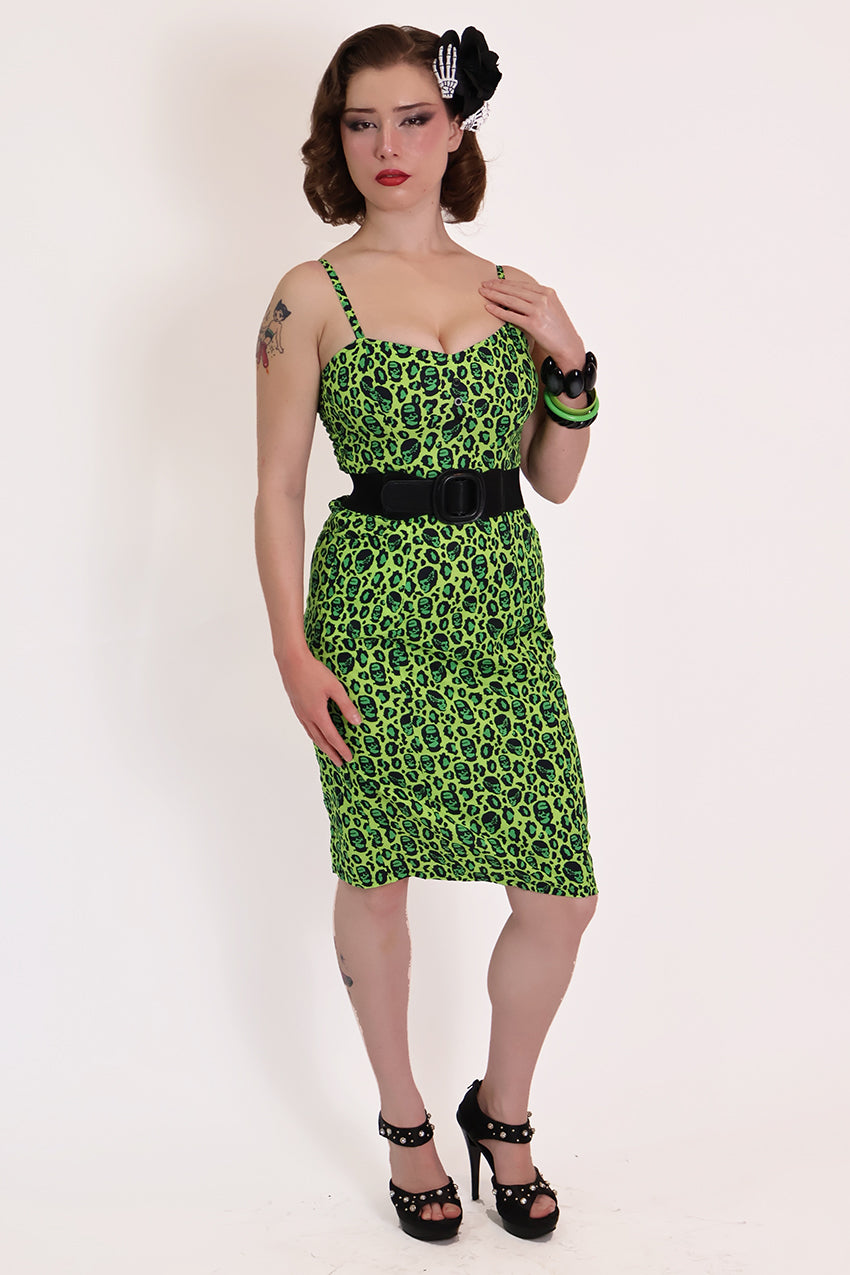 Franken-Leopard Black and Green Leopard Pencil Dress