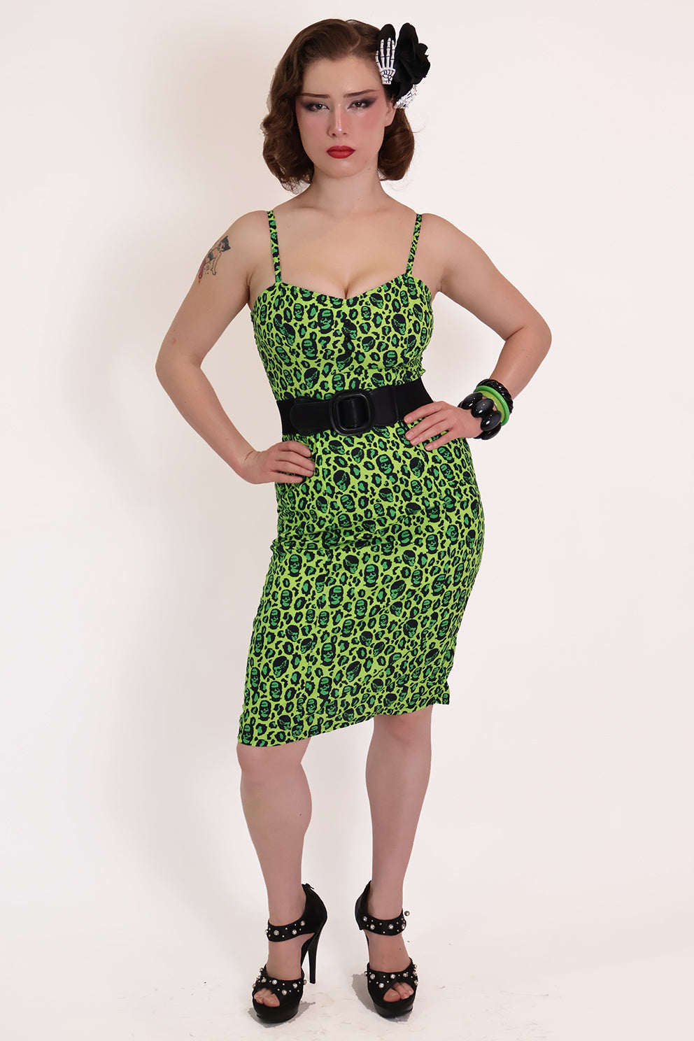 Franken-Leopard Black and Green Leopard Pencil Dress