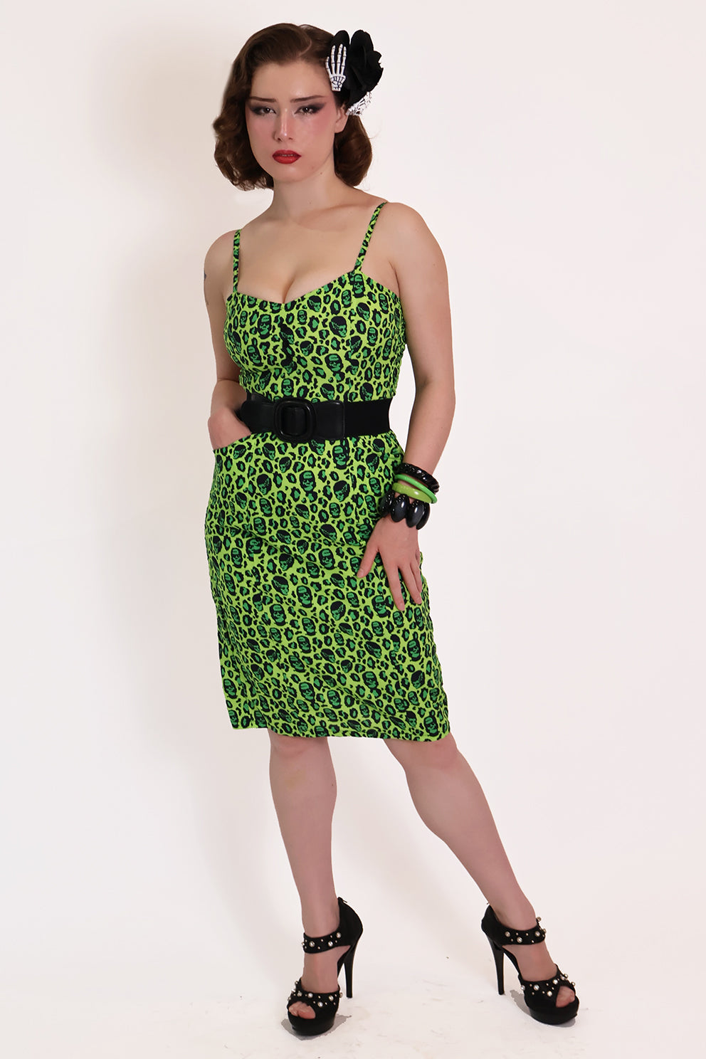 Franken-Leopard Black and Green Leopard Pencil Dress