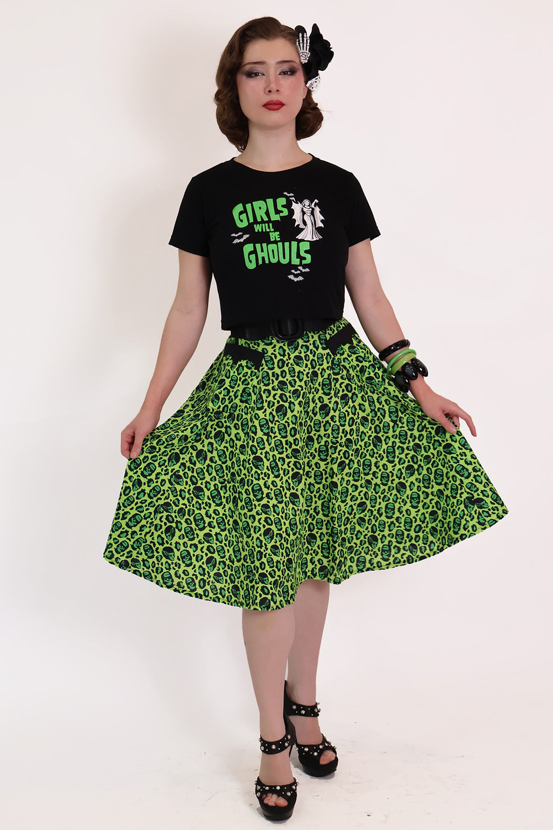Franken-Leopard Green & Black Swing Skirt