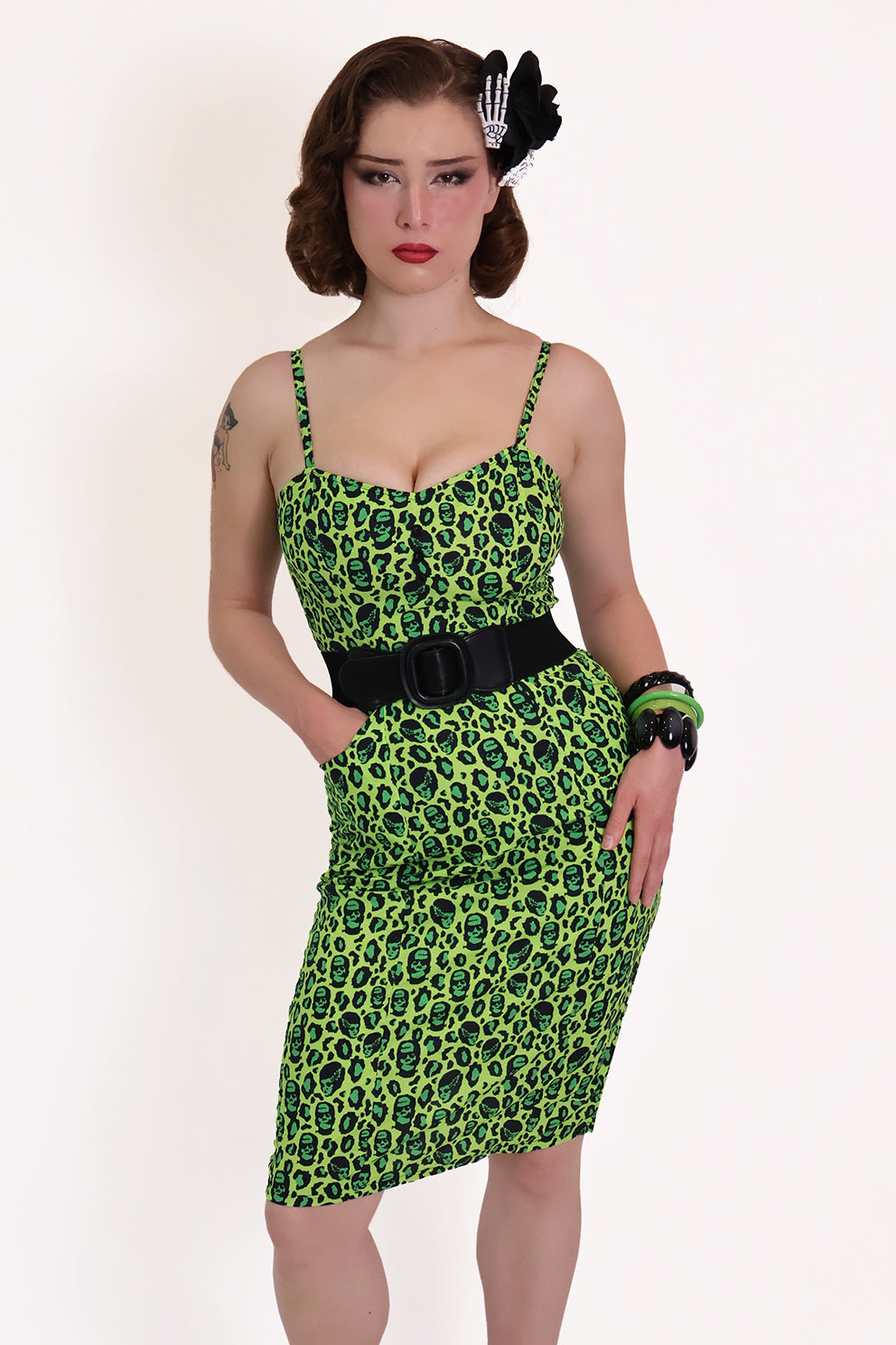 Franken-Leopard Black and Green Leopard Pencil Dress, XS Franken-Leopard Black and Green Leopard Pencil Dress, XS