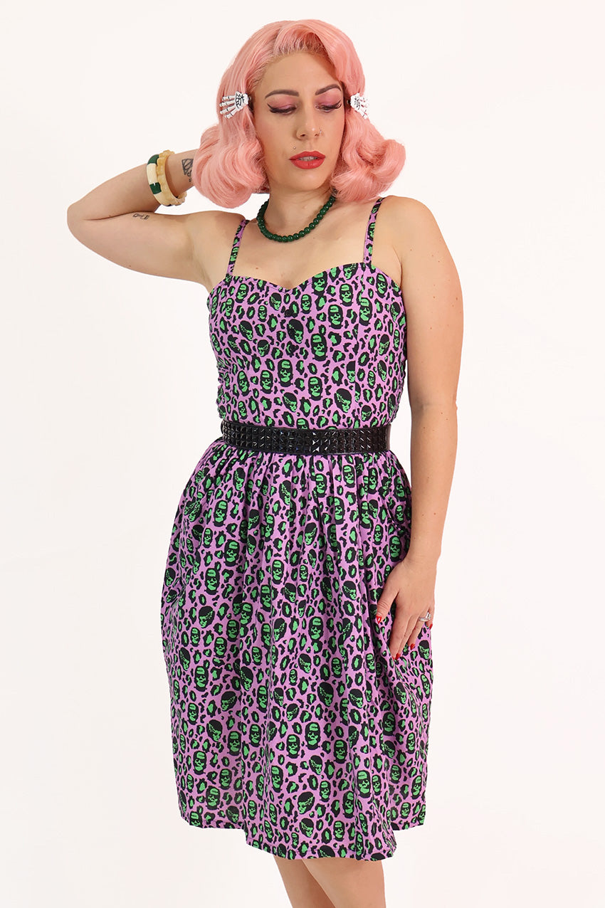 Franken-Leopard Purple and Green Gathered Dress