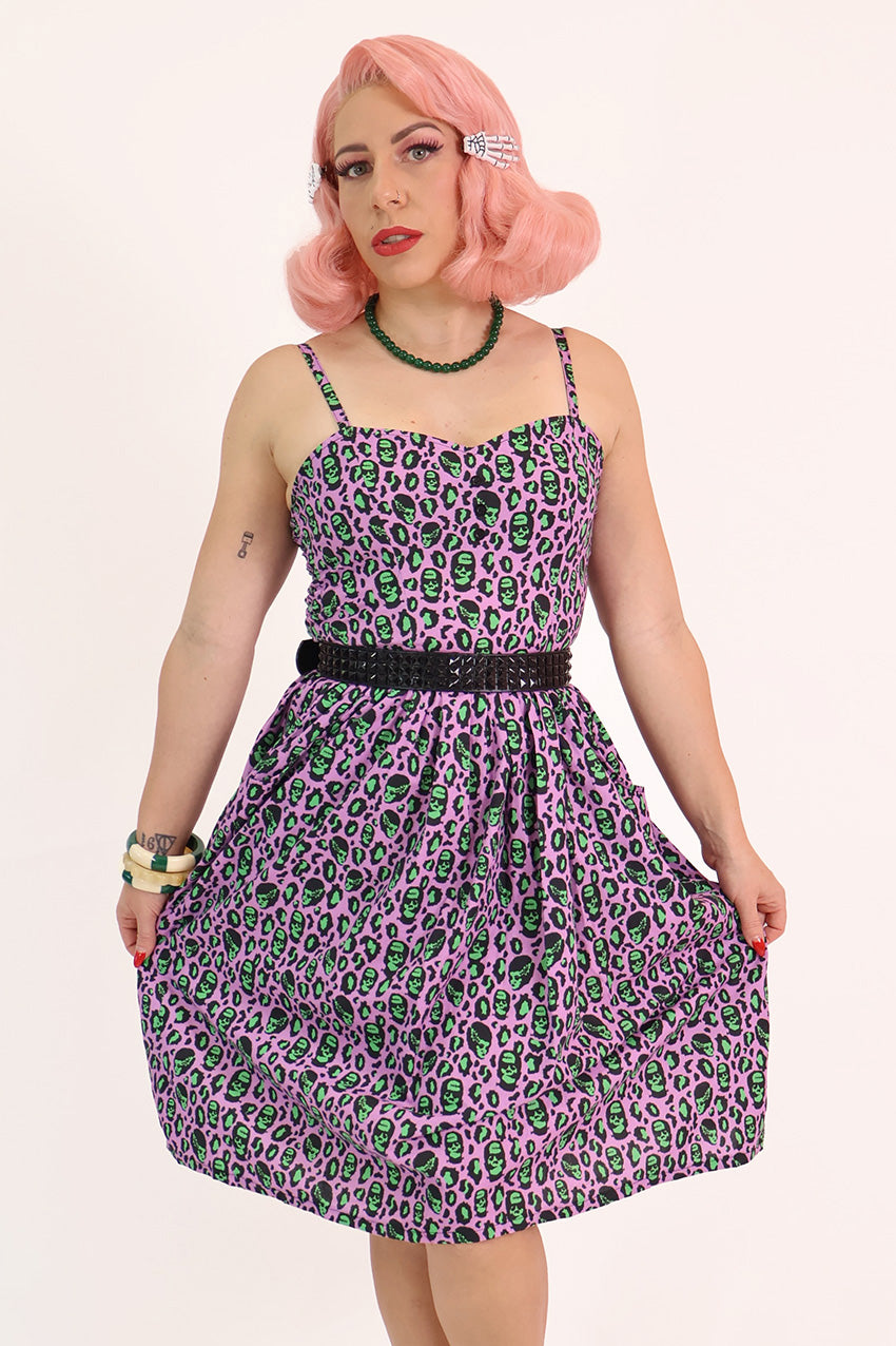 Franken-Leopard Purple and Green Gathered Dress