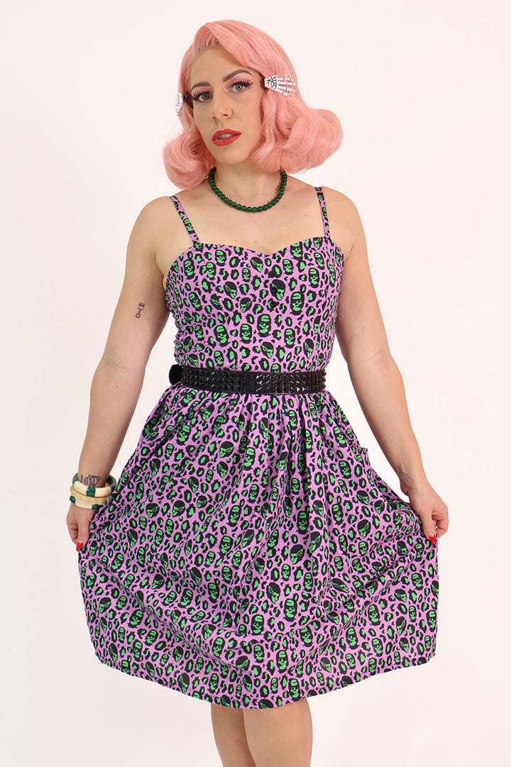 Franken-Leopard Purple and Green Gathered Dress