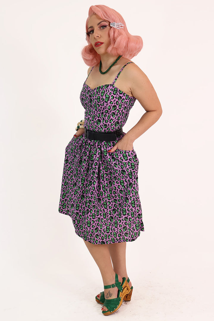 Franken-Leopard Purple and Green Gathered Dress