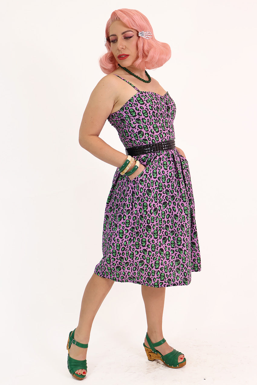 Franken-Leopard Purple and Green Gathered Dress