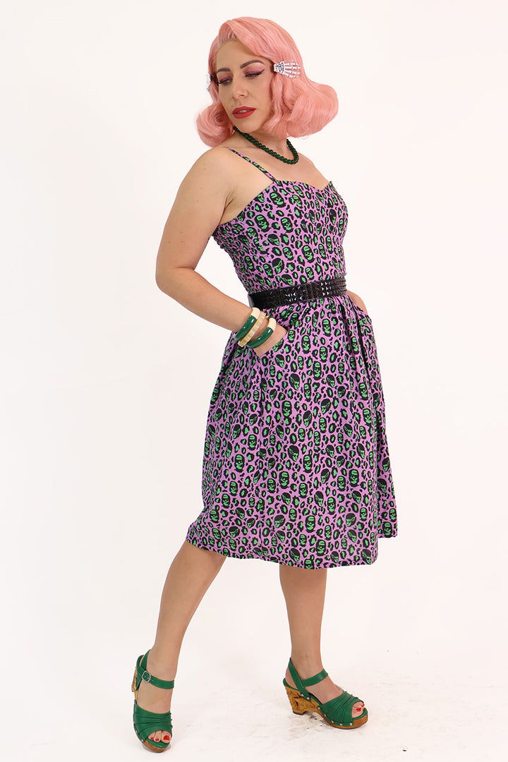 Franken-Leopard Purple and Green Gathered Dress