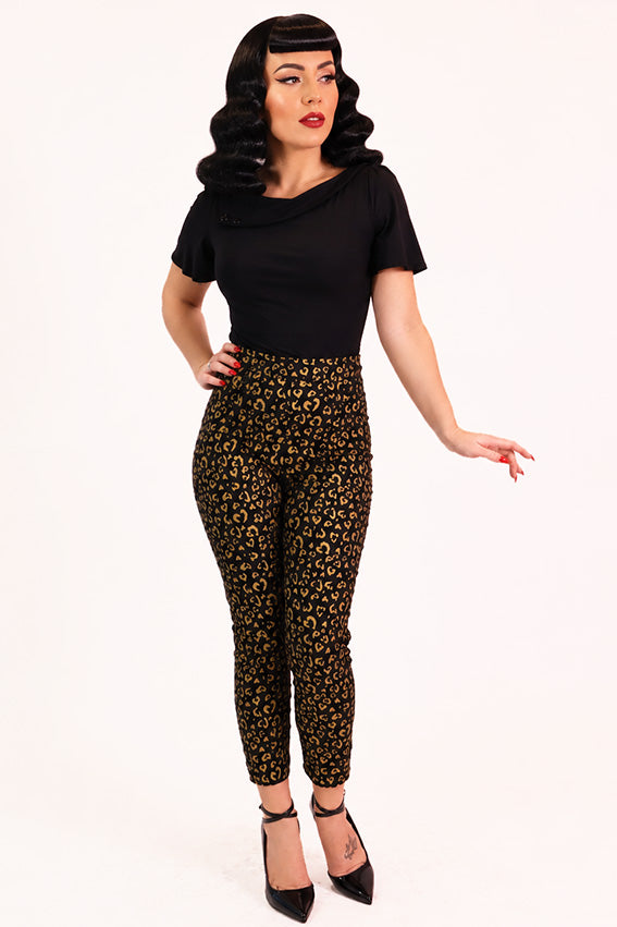 Black & Gold Heart Leopard Capri Pants