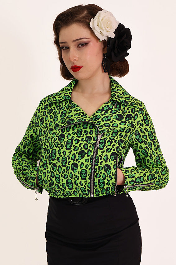 Green Franken Leopard Leopard Biker Jacket