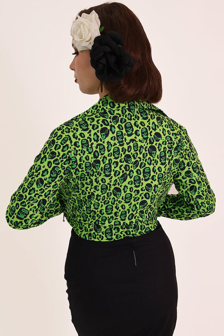 Green Franken Leopard Leopard Biker Jacket
