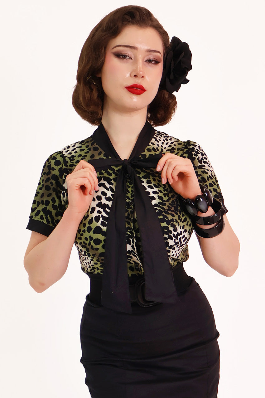 Green Leopard Pussybow Shirt