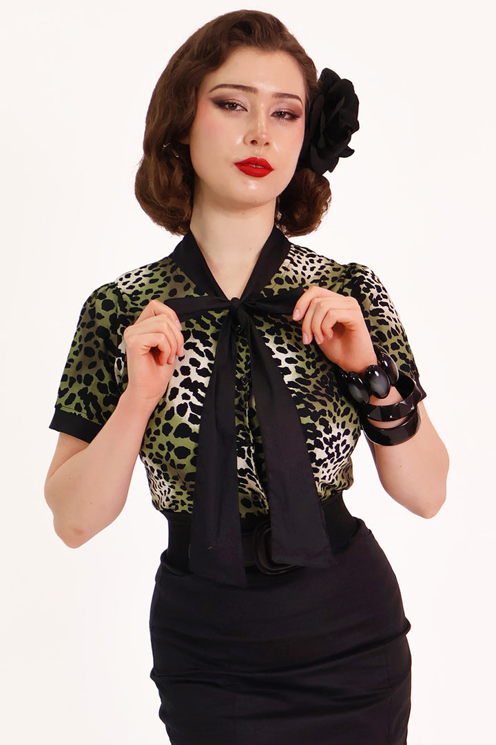 Green Leopard Pussybow Shirt