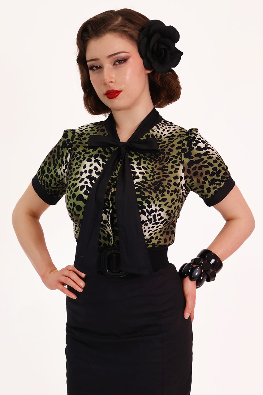 Green Leopard Pussybow Shirt