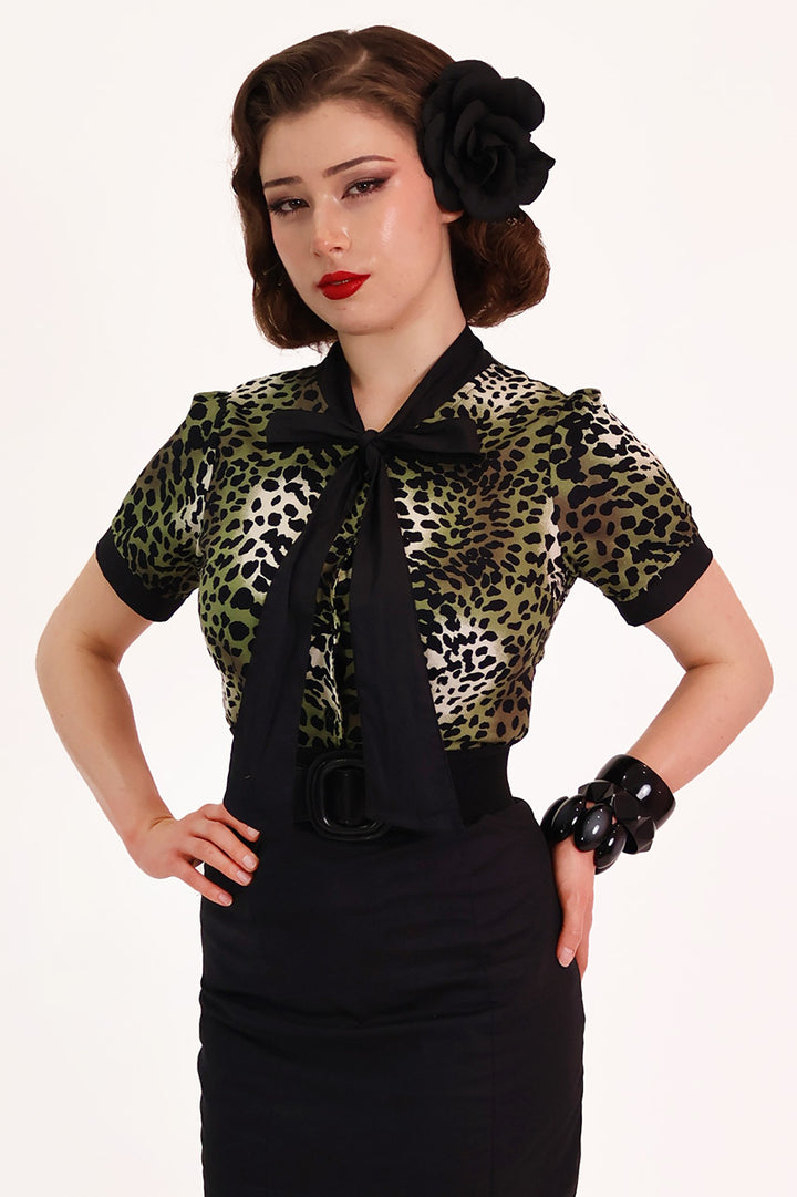 Green Leopard Pussybow Shirt