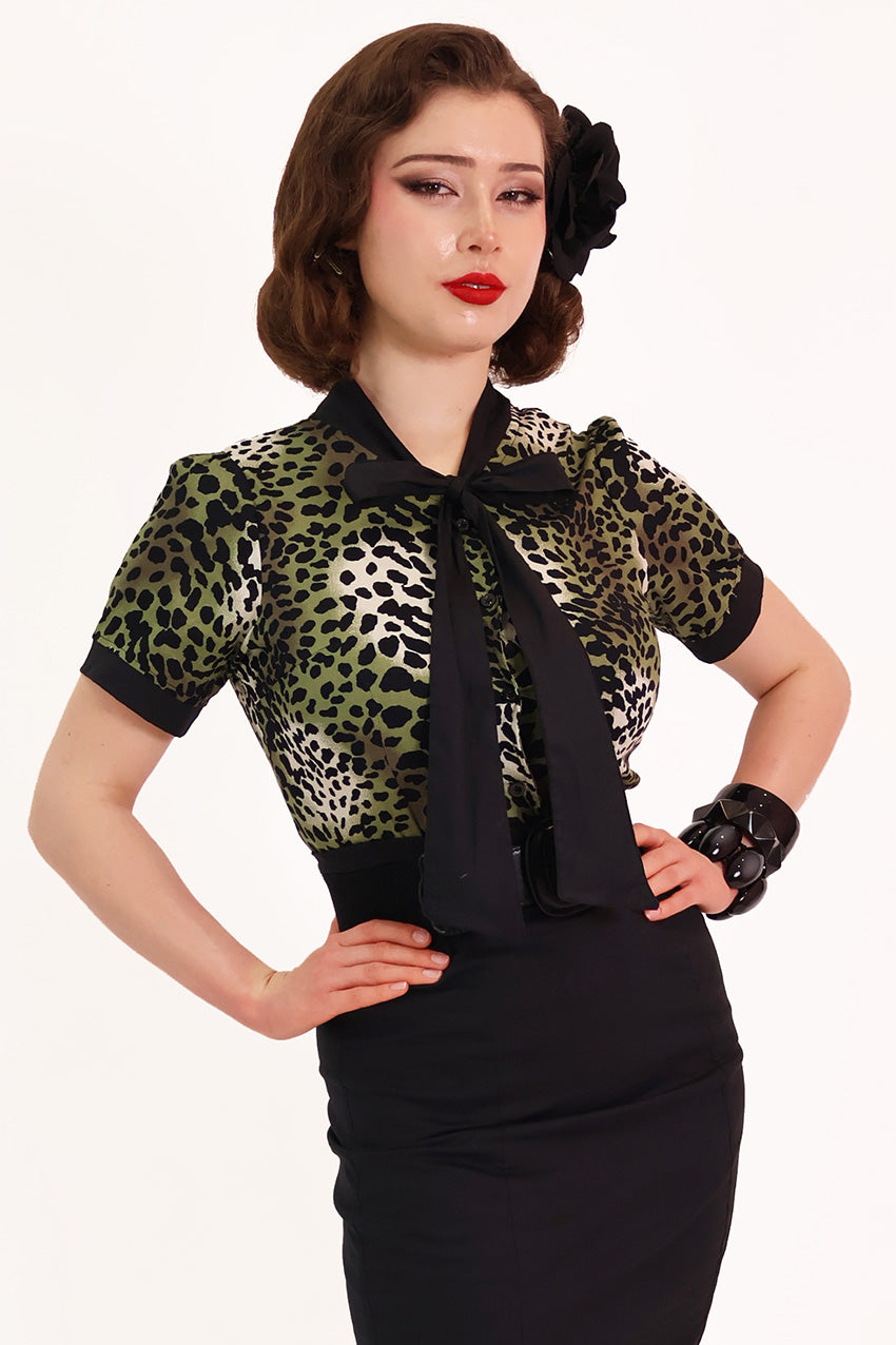 Green Leopard Pussybow Shirt