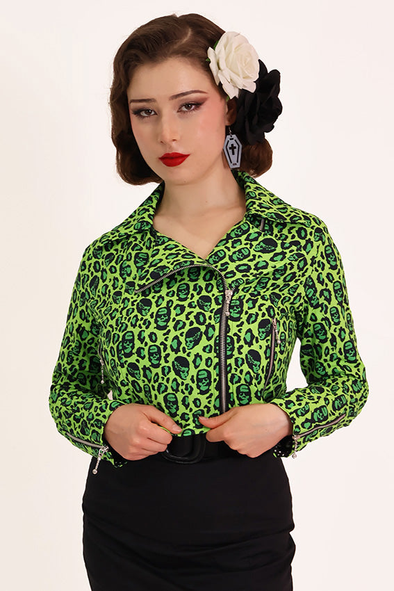 Green Franken Leopard Leopard Biker Jacket