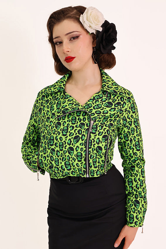 Green Franken Leopard Leopard Biker Jacket